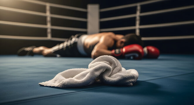 Exhausted boxer lies defeated in the ring with gloves and towel after a tough match