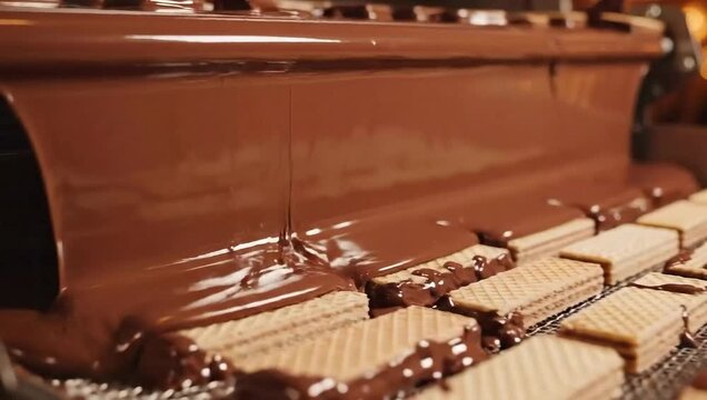 Chocolate enrobing machine covering biscuits in factory