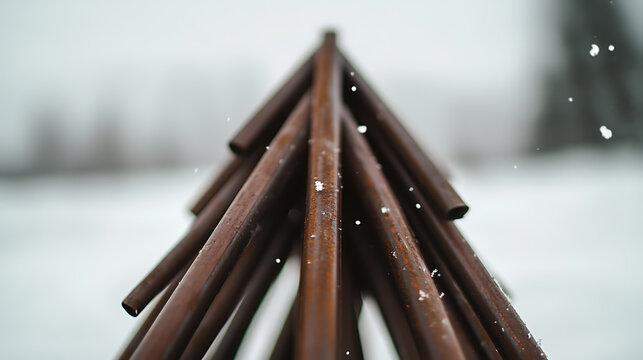 Abstract metal form of a tree during a snowfall. The metal has a dark rustic hue. Outside, winter, minimalist, snow falling, triangular, geometric, holiday season.