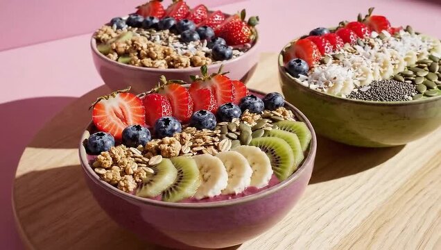 Rotating shot around three colorful smoothie bowls
