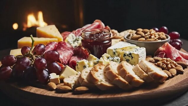 Rotating shot around cheese and charcuterie board