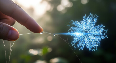 A finger gently touches a glowing blue digital flower made of intricate geometric patterns, symbolizing the intersection of nature and technology with a touch of magic