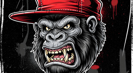 Dynamic graphic illustration of an angry gorilla's face, showcasing a menacing ape wearing a red cap, conveying raw strength and rebellious street culture vibe for bold designs