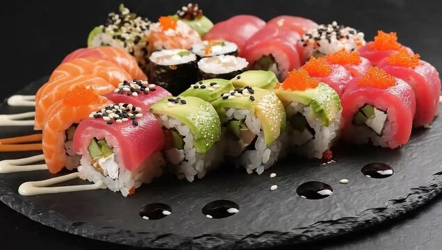 Rotating shot around assorted sushi rolls on slate plate