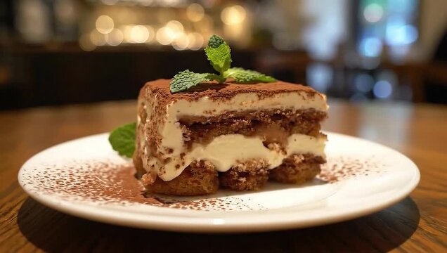 Rotating shot around tiramisu dessert on plate