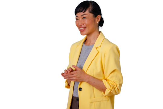 Asian businesswoman smiling, gesturing with hands, presenting a professional concept. Transparent background for versatile use