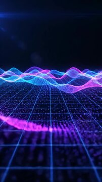 Digital visualization of smooth flowing abstract waves of colorful light moving across a dark grid achieving perfect vibrant harmony in synchronized motion abstract pattern, fluid movement, data flow