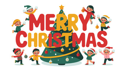 Naklejka premium Holiday Cheer: Whimsical illustrations capture the spirit of the holidays, with festive decorations, playful children, and a sparkling Christmas tree. The scene radiates warmth, joy.