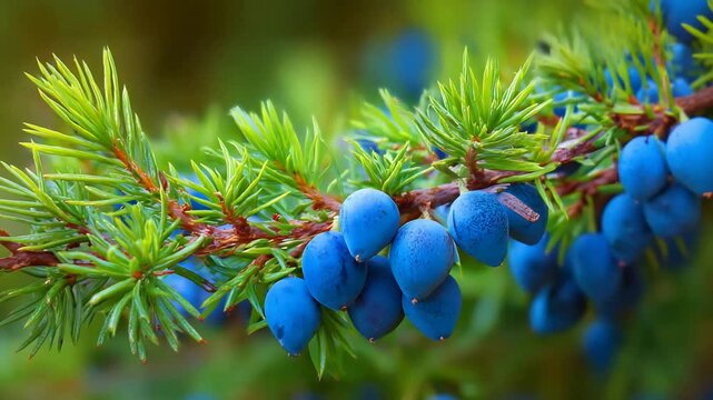 Vibrant Blue Juniper Berries Clustered on Evergreen Pine Needles.