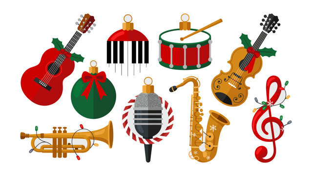 Festive Melodies: A collection of vibrant Christmas ornaments, each exquisitely designed to resemble classic musical instruments, evokes the joy of the holidays and the timeless appeal of music. 