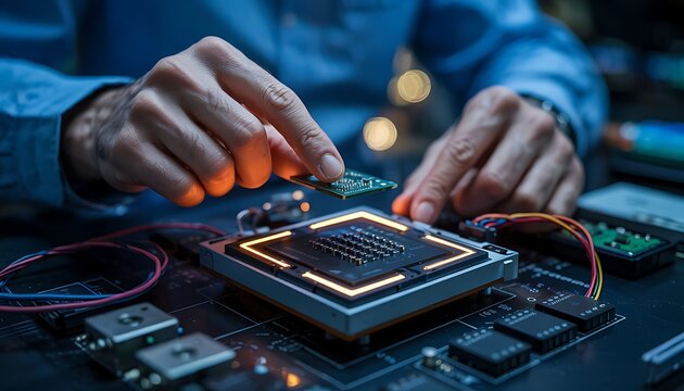 Close up of skilled hands carefully assembling a complex computer motherboard with glowing illuminated components and intricate circuitry