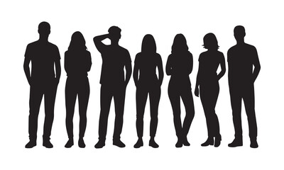 Silhouette People Vector Set, Men And Women Standing In Different Poses Isolated On White