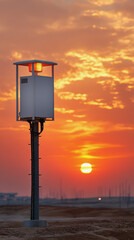 Telecom tower cabinet sensor beacon glows at sunset, creating dramatic and serene atmosphere in remote outdoor landscape