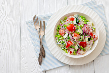 creamy tomato cucumber edamame bean onion salad