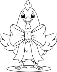 Cute chicken with big bow coloring page – happy farm animal line art for kids and preschool funchicken; hen; bow; ribbon; 