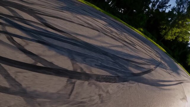 dramatic 4k aerial shot showing road full dark skid marks stretching through rural landscape trees blue skies highlighting speed motion adrenaline energy
