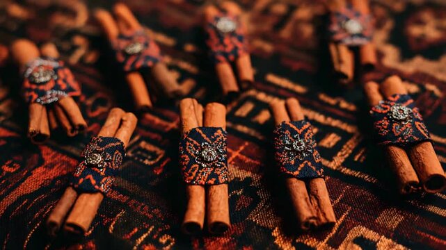 Close up of decorative cinnamon stick bundles with ornamental fabric wraps.