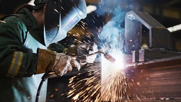 Welder working at industrial workstation with protective mask