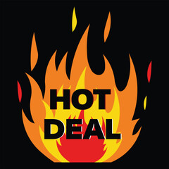 Hot Deal Typography Text on Dynamic Fire and Flame Graphic on Black Background