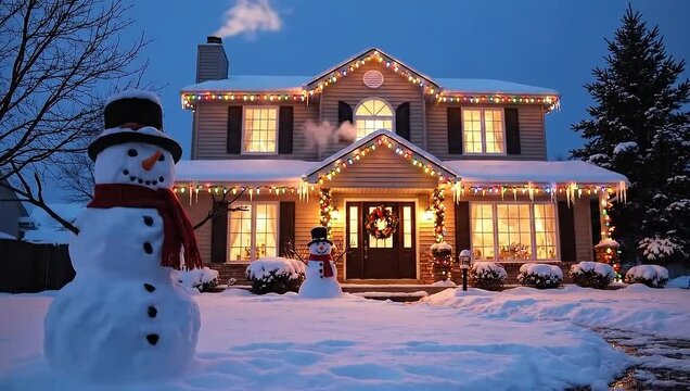 Slow tilt revealing snowman and Christmas house reflection