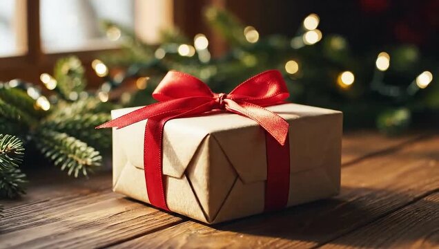 Slow rotating shot around minimalist Christmas gift box