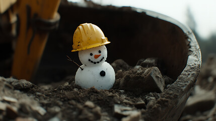 Obraz premium A whimsical snowman, adorned with a vibrant yellow hardhat, stands merrily in a bucket filled with soil. The juxtaposition of winter and construction creates a unique scene.