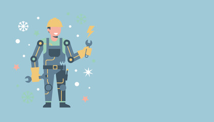 Smiling worker in exoskeleton suit holds wrenches Technical support labor and maintenance illustration
