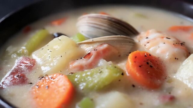 Creamy Seafood Chowder with Clams, Shrimp, and Vegetables.