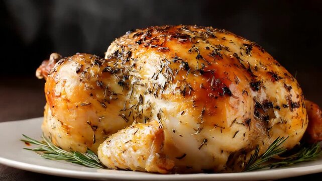 Delicious Golden Brown Roasted Whole Chicken With Herbs And Steam.