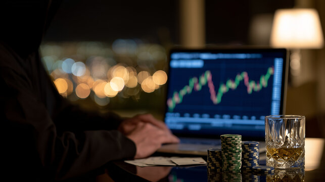 Evening scene of man wearing hoodie sitting at table, laptop displaying candlestick chart and poker game, poker chips stacked beside whiskey glass, warm lamp light creating intimat