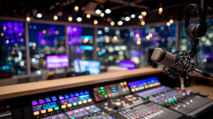 Interior of a recording studio with focus on soundboard controls, faders, knobs, and colorful LEDs, microphones and headphones nearby, warm ambient lighting emphasizing music produ