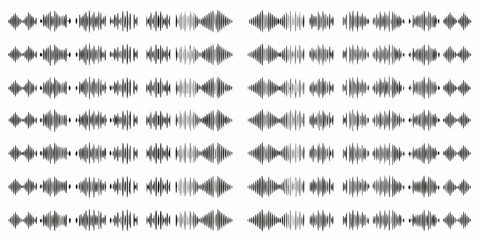 Abstract pattern of black sound wave forms and audio visualizations on a white background