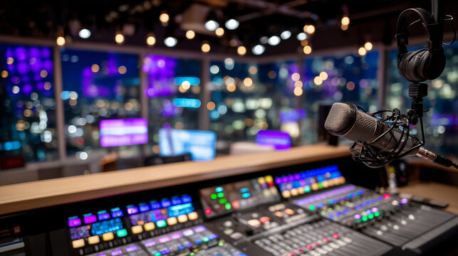 Interior of a recording studio with focus on soundboard controls, faders, knobs, and colorful LEDs, microphones and headphones nearby, warm ambient lighting emphasizing music produ - Powered by Adobe