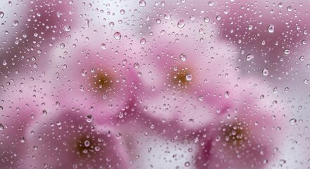 Blurred Close-up of Pink Flowers Behind a Glass Surface with Water Droplets, Springtime Beauty