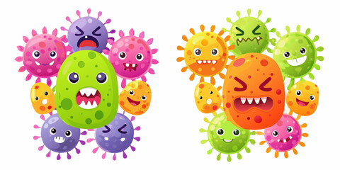 Cute cartoon viruses and bacteria characters with different emotions and expressions