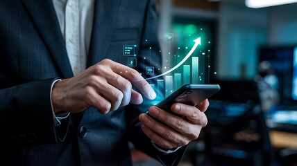 Businessman analyzing financial growth charts and data on a smartphone with an upward trending arrow symbolizing success and profit