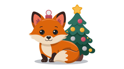 Festive Fox and Christmas Cheer: A charming cartoon fox adorned with a decorative ornament and seated near a decorated tree, encapsulating the spirit of holiday joy and playful celebration.