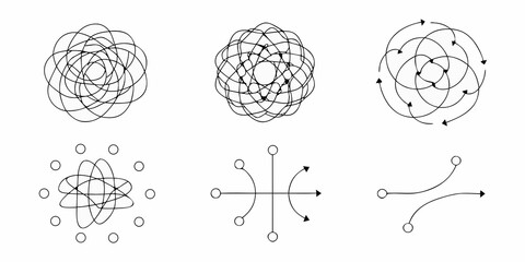 Abstract geometric patterns and diagrams representing complex systems data flow and scientific concepts