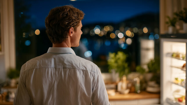 Man illuminated by refrigerator light, night kitchen interior dim, looking at food options, subtle reflections on countertop, quiet evening atmosphere