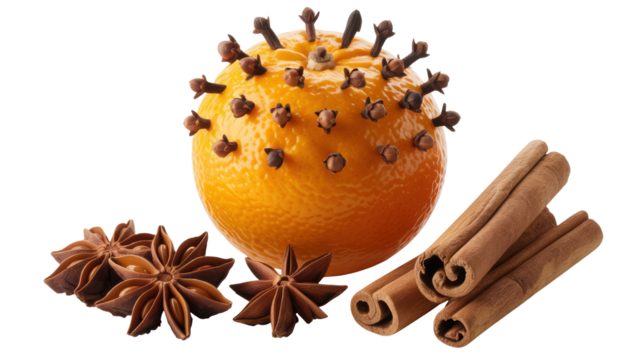 A whole orange studded with cloves and surrounded by star anise and cinnamon sticks isolated on transparent background