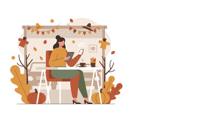 Working remotely in a cozy autumn cafe decorated with pumpkins and leaves