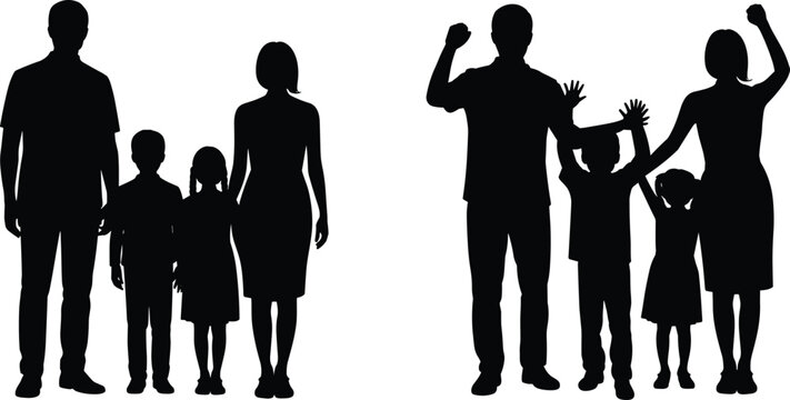 Silhouette families standing and celebrating together showing unity, parent child connection, happiness, support, togetherness and joyful lifestyle moments