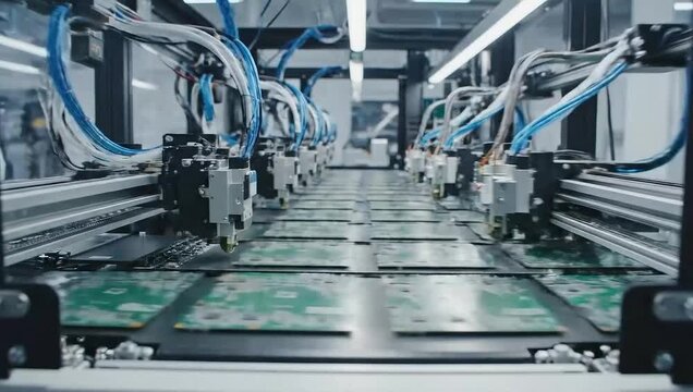 Automated SMT line assembling electronic circuit boards
