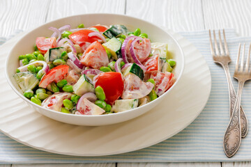 creamy tomato cucumber edamame bean onion salad