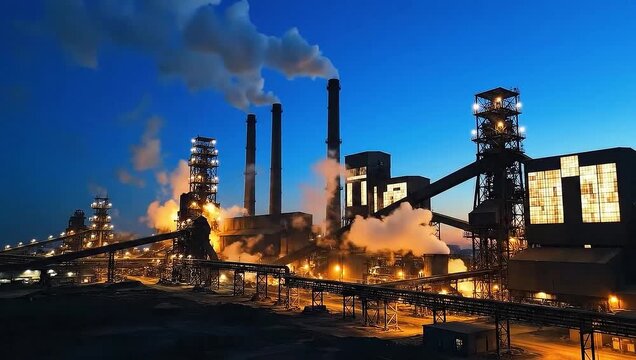 Steel mill exterior at dusk with industrial lights