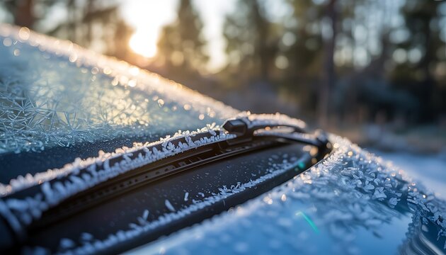 Close up of a car windshield covered in sparkling frost and ice crystals with a blurred winter forest and golden sunrise in the background