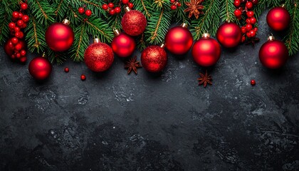 Classic Christmas composition with vibrant red ornaments, green fir branches, and festive berries on a dark textured background with ample copy space
