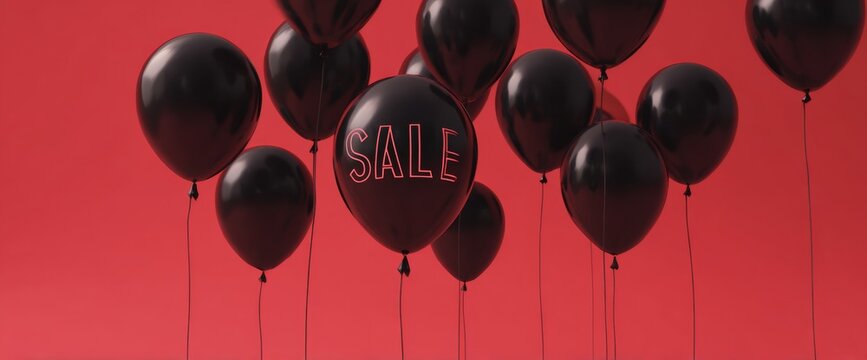 A collection of black balloons hover against a bright red background. One balloon has the word sale written in white, enticing shoppers during a promotional event