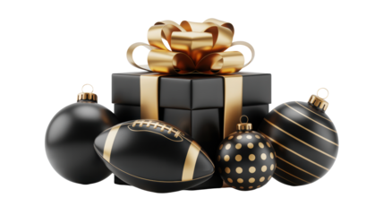 Elegant black gift box with golden ribbon and festive christmas ornaments isolated on transparent background