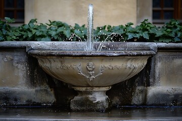 Antique stone fountain with water jet and lush green foliage in a serene outdoor garden setting